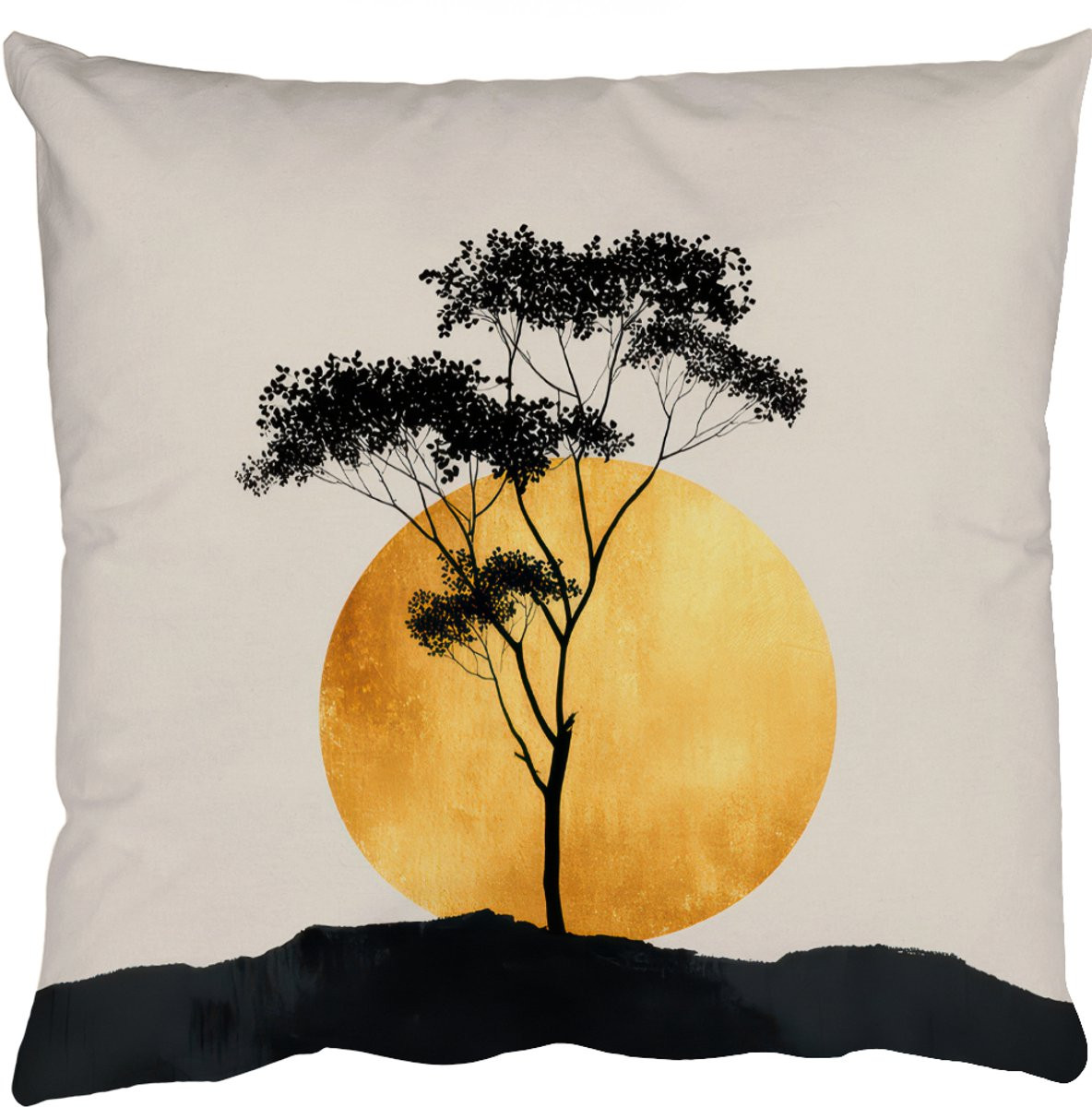 PillowMonkey Sierkussen Zwarte Boom met Gouden Cirkel en Heuvel - 50 x 50 cm