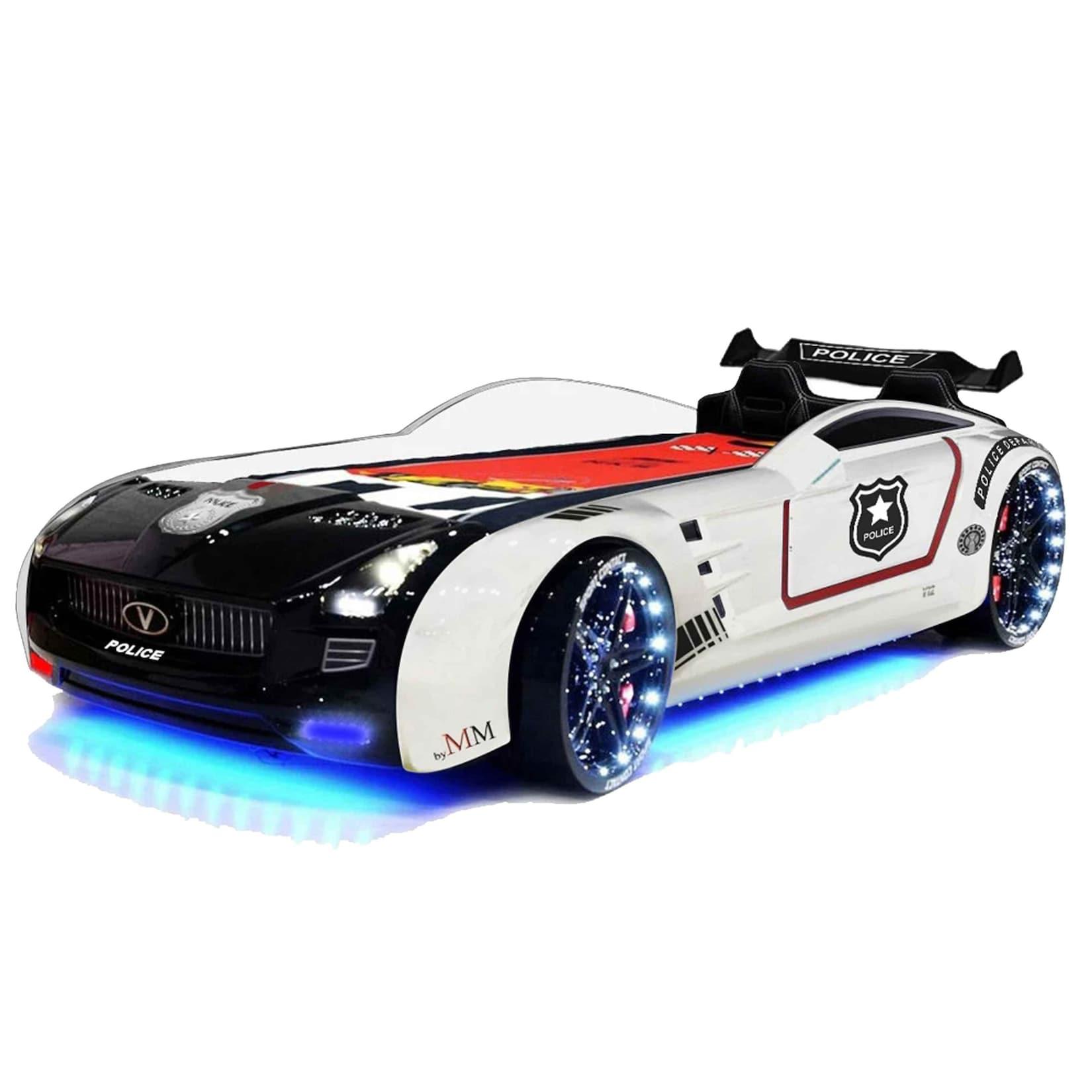 Autobett Kinderbett "Roadster Police" LED Sound Sportsitze Lattenrost Spoiler 90x190 cm