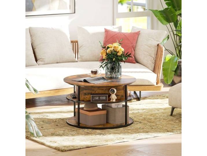 MEUVYX Table basse ronde relevable rangements dissimulés structure en acier effet bois marron diamètre 80 cm