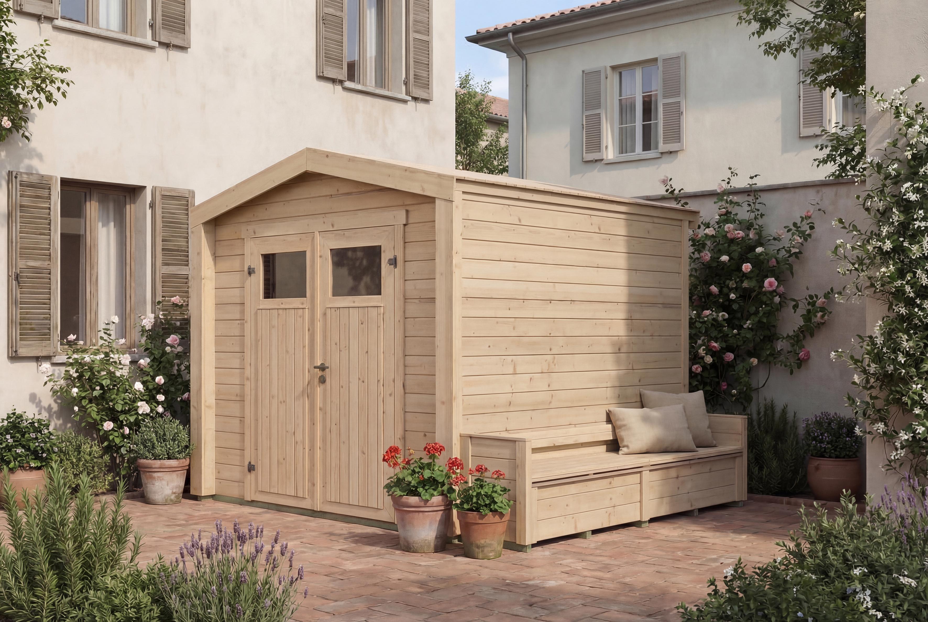 Gartenhaus Killarney, 250x250cm, Naturbelassen, 28mm, Sitztruhe