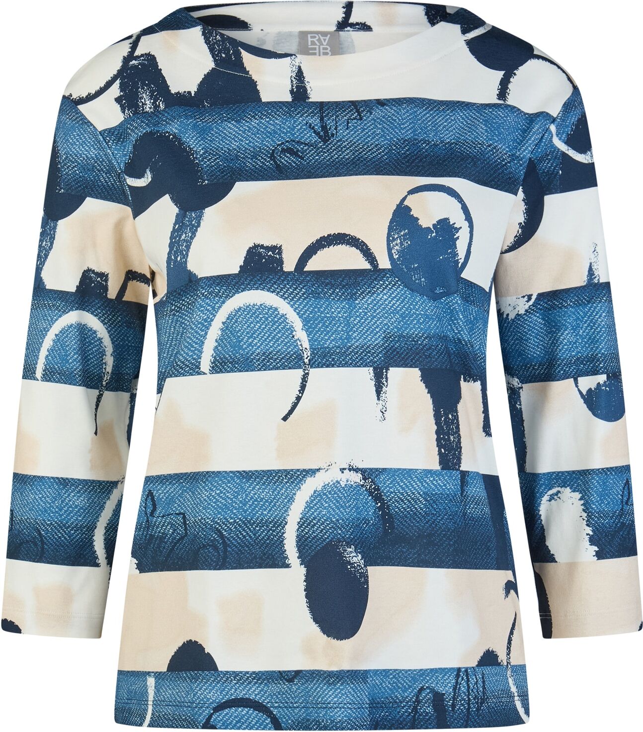 3/4-Arm-Shirt RABE, Damen, Gr. 36, blau (pazifik), Jersey, Obermaterial: 100% Baumwolle, gemustert, tailliert hüftbedeckend, Rundhals, Shirts 3/4-Arm-Shirt, mit grafischem Muster pazifik 36