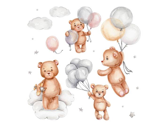 Wallfluent Wandaufkleber 80x120cm - Teddybären mit Luftballons, Mehrfarbig, Kunststoff, Rechteckig, 80x120x0.1 cm, Tapeten & Wandverkleidungen, Wandtattoos & Sticker, Wandtattoos