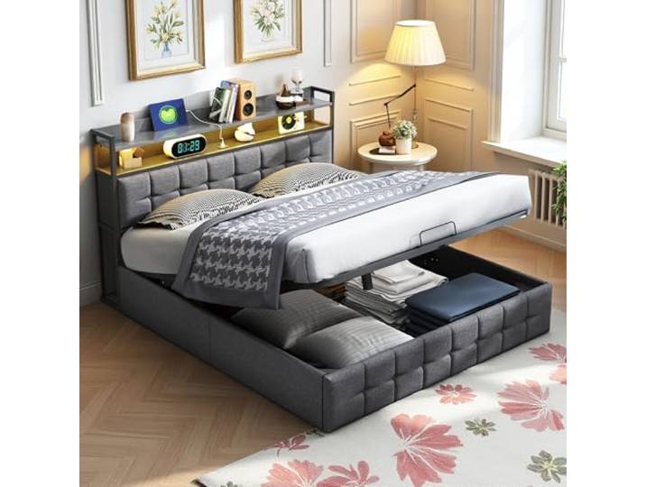 Polsterbett Doppelbett 140x200 cm mit Staufach-Kopfteil, Boxspringbett mit Bettkasten, Hydraulisch Stauraumbett mit Lattenrost, Jugendbett Funktionsbett Rückenlehne Bett, Leinen (Grau, 140x200cm)