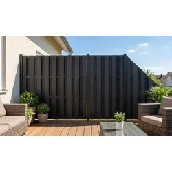 WPC Lamellenzaun 180 x 180 cm – WPC Zaun, Anthrazit – Sichtschutzzaun in Lamellenoptik mit Aluminium Querriegeln – Zaun für Garten