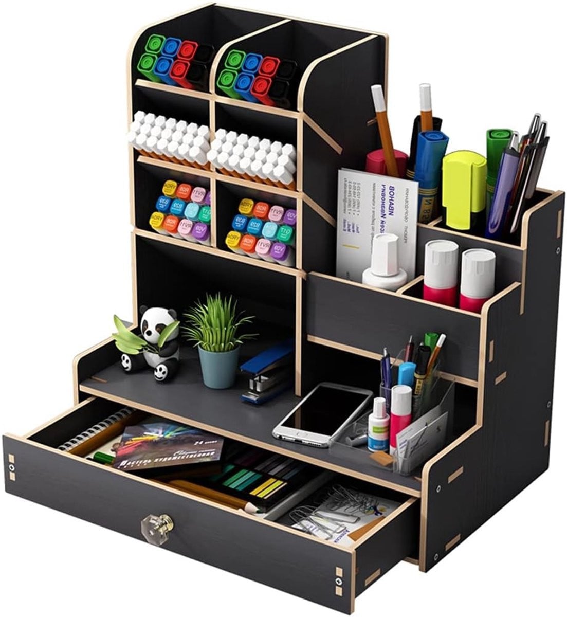 Multifunctionele Houten Pennenhouder - Desk Organizer voor Kantoor, Thuis en School met Lade voor Stationery Opslag