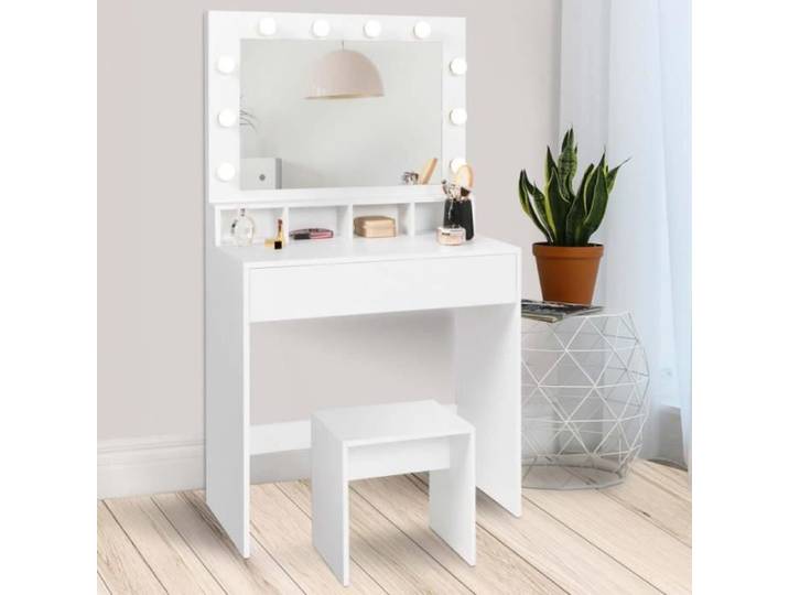 IDMARKET Coiffeuse ZELIA miroir LED avec 4 niches 1 tiroir et tabouret