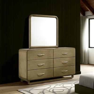 Benjara Deon Wide Dresser, 6 Drawers w Nickel Handles, Sled Legs, Nutmeg Brown