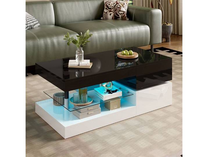 Table Basse Design Salon Table Basse Blanche Laquée et Noir Table Basse LED Contrôle via Application et Bluetooth Plateau Verre