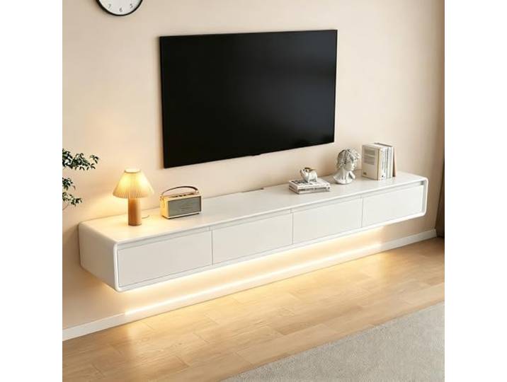 SZKTHD Schwebendes TV-Möbel, Wandmontiertes TV-Möbel Schmaler, wandmontierter TV-Schrank mit abgerundeten Ecken für Wohnzimmer und Schlafzimmer(White-B,180CM/70.9IN)