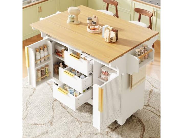 Kücheninsel Freistehend，Küchenwagen mit Rollen，Mobiler Küchenschrank，MDF Multifunktionale Kücheninsel，Mobiles Küchenbuffet Sideboard mit 3 Schubladen, 2 Türen & beidseitig ausklappbare Platte