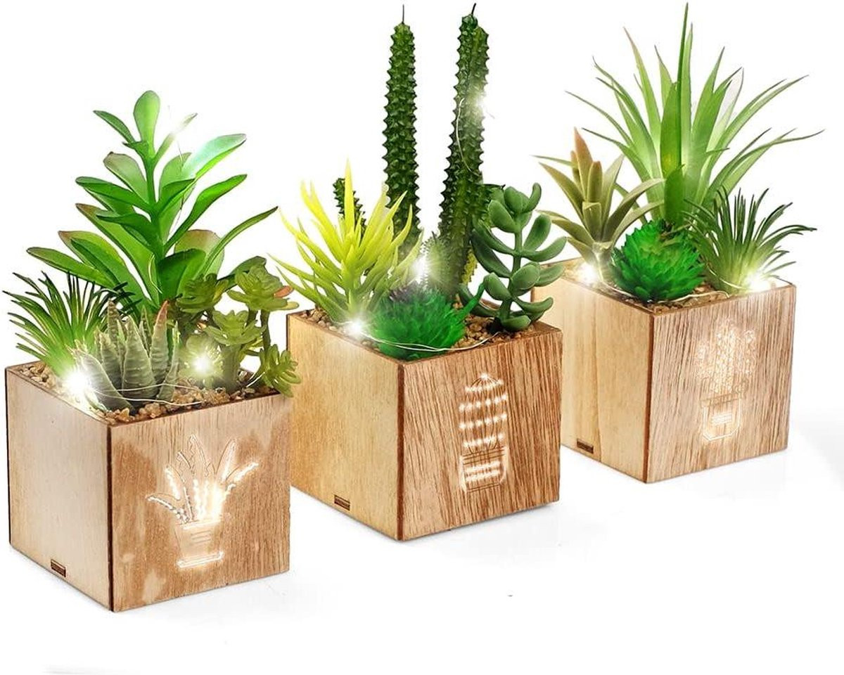 Set van 3 kunstvetplanten met ledlampen in een houten kist