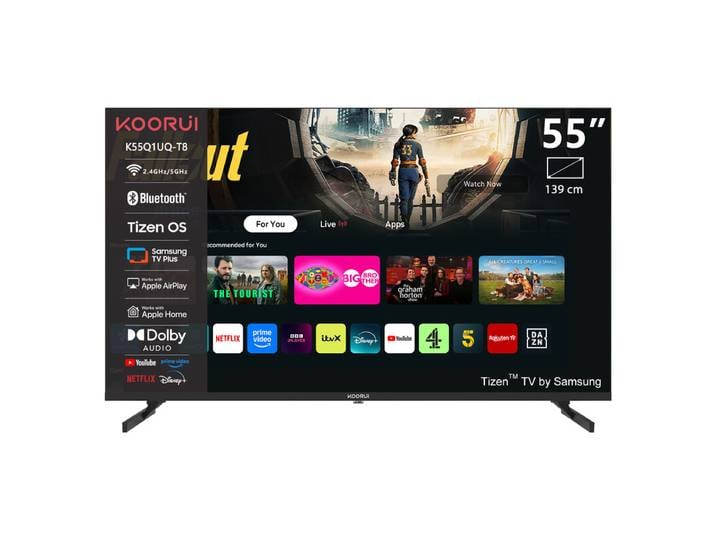 KOORUI K55Q1UQ-T8 Smart TV QLED 4K UHD 55 pouces avec Tizen OS, Design sans bords, Dolby Audio, Finition métallique premium, Assemblé aux Pays-Bas