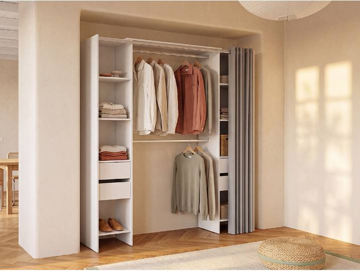 Kleiderschranksystem erweiterbar mit Vorhang - 110/178 cm - Weiß - LONAZA