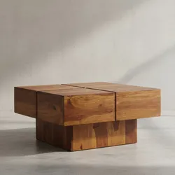 KADIMA DESIGN Couchtisch Sheesham Massivholz Quadrat, Modernes Rillenmuster, 57,5x57,5x30 cm