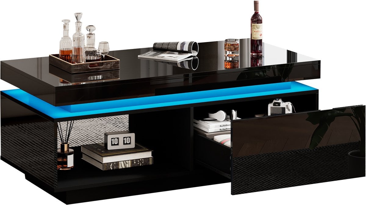 Rolipo Moderne salontafel hoogglans zwart met geïntegreerde LED-verlichting en lade - B/D/H: 100 x 50 x 40,3 cm