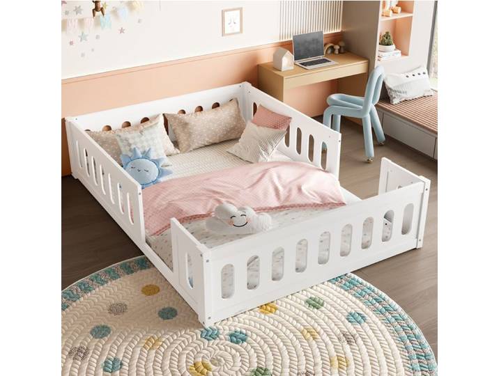 COVREO Lit plateforme enfant 140x200 avec barrière de sécurité blanc pin massif et MDF