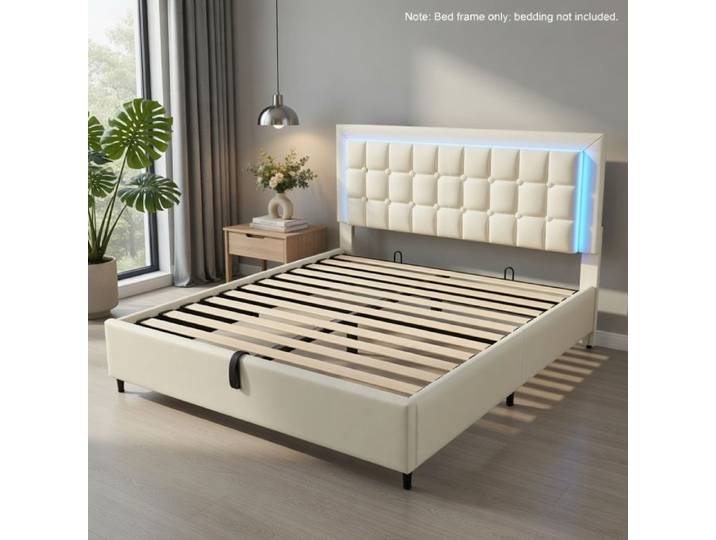 CollaHausse Lit Coffre LED Simili Cuir 160x200cm Sans Matelas Blanc