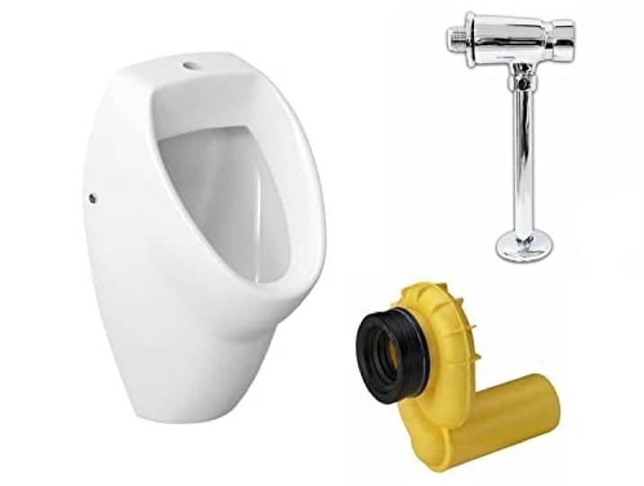 VBChome Urinal + Spülventil Zulauf von Oben Weiß Modern Hochwertig Keramik Pinkelbecken Pissoir Wandurinal Wandpissoir Urinalspüler Druckspüler + Siphon