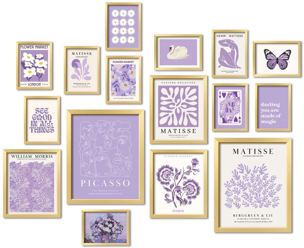 SnelShoppen Matisse Gallery Wanddecoratie - 16 Stuks Abstracte Collagekit - Paars en Zwart - Moderne Illustraties voor aan de Muur