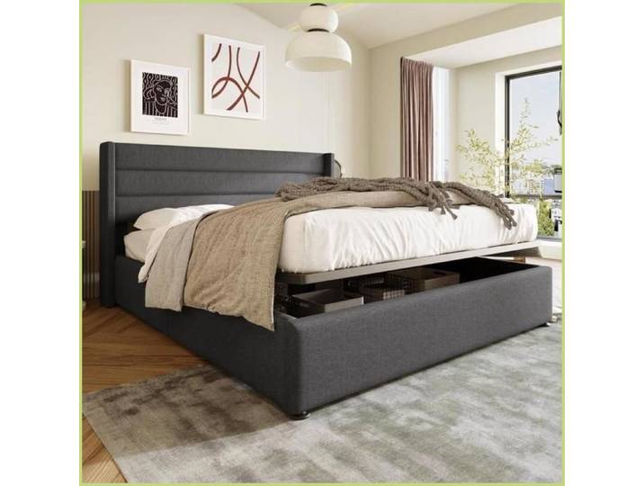 Bett à rangement hydraulique polstered - 160x200cm - Lattenrost bois/cadre métallique - Lin gris