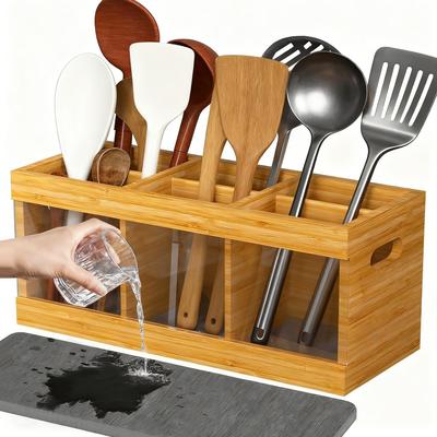 Garvee Bamboo Utensil Organizer with 6 Compartments & Diatomite Drying Mat, Eco-Friendly Rust-Free Countertop Holder for Spoon - Wood