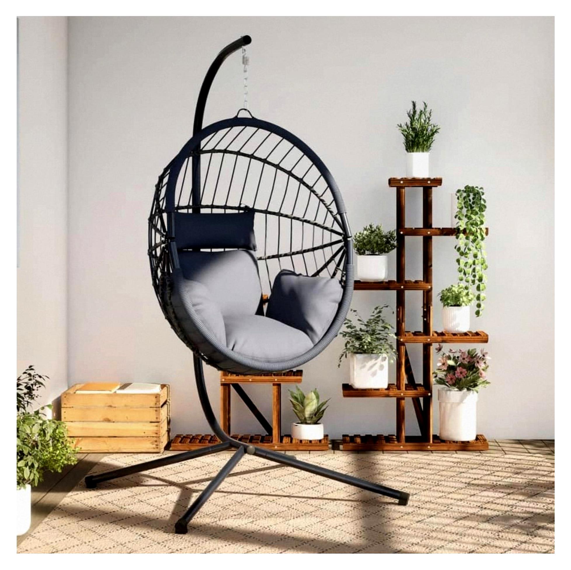 Hängesessel im Ei-Design mit Ständer in Hellgrau aus Rattan und Stahl