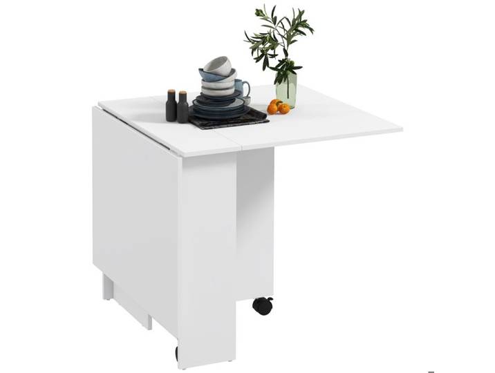 LIA Table pliante gain de place à 2 rabats pour 6 personnes avec tablettes et roues blanc