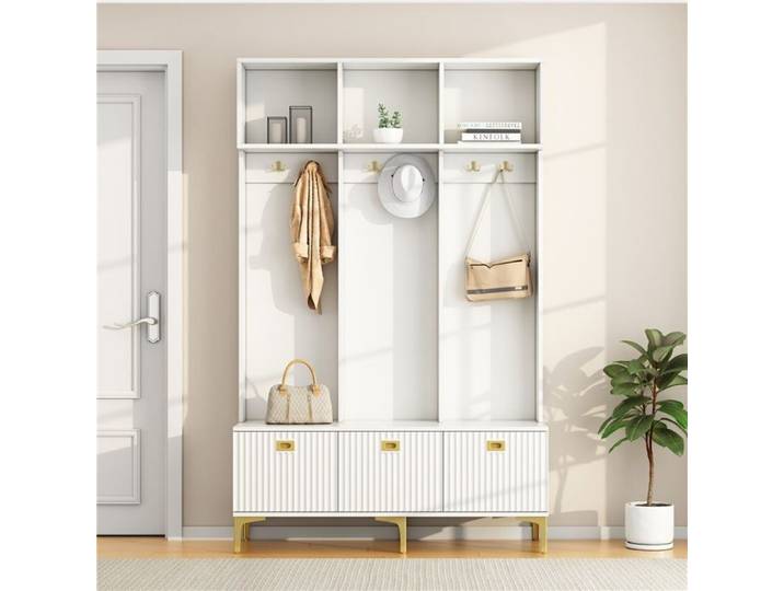 Vestiaire D'entrée - Armoire Avec Banc Meuble De Rangement Multifonction 6 Crochets Pieds Dorés 120x23.5x191.5cm Blanc