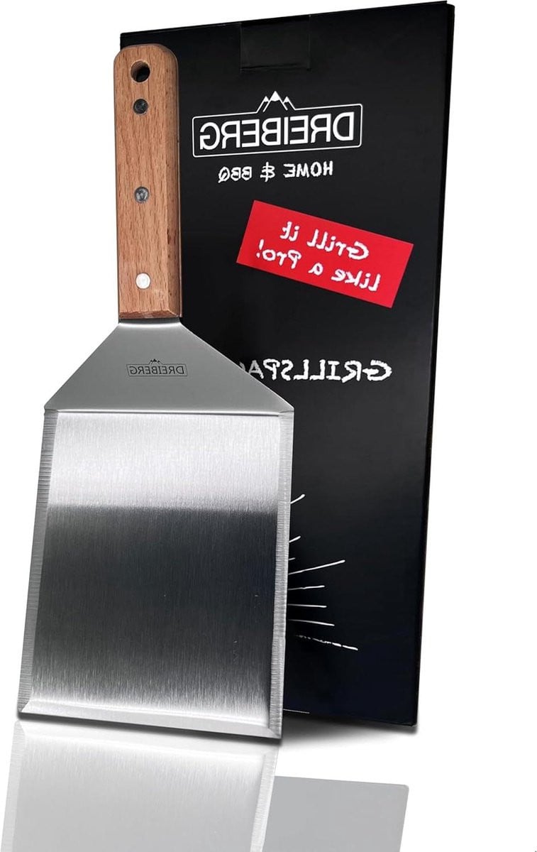 Professionele grillspatel van roestvrij staal met eikenhouten handvat voor smash burgers en gasbarbecues