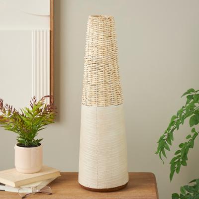 ARCILLA ELEMENTAL Light Brown Rattan Handmade Woven Geometric Decorative Vase with Beige Metal Base and Abstract Linear Markings