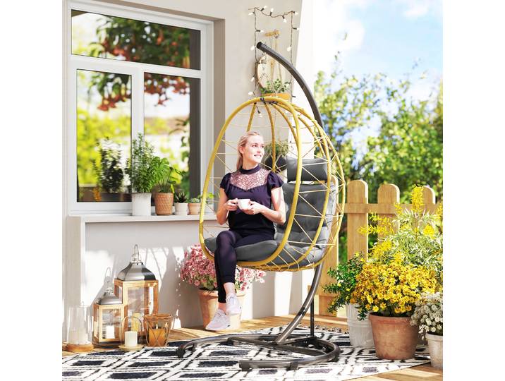Outsunny Fauteuil Suspendu Rotin PE Pliable Noir/Gris/Beige