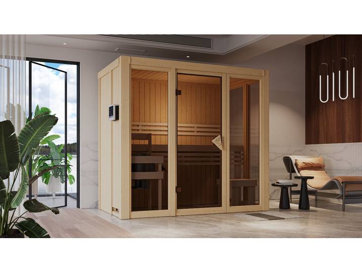 Sauna KARIBU Ivana 2 , beige (naturbelassen), Bio-Kombiofen, externe Steuerung, 3,6 kW, Saunen, Sauna, Ganzglasfront