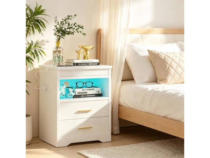 PIPIPOXER Table de chevet blanche prise USB RGB tiroir coulissant à serrure sécurité caisson brillant scandinave studio 39x44x58