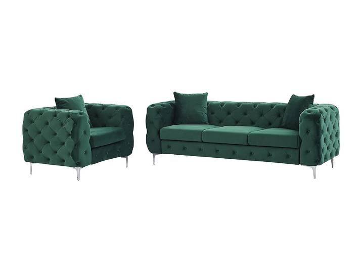 Canapé 3 places et fauteuil chesterfield en velours vert EDWINA