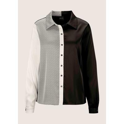 Hemdbluse MADELEINE "Hemdbluse Jerseybluse mit grafischem Muster-Mix", Damen, Gr. 34, weiß (wollweiß, schwarz), Obermaterial: 95% Viskose CV. 5% Elasthan EL., Modern, figurumspielend, Blusen Hemdbluse, Spannender Muster-Mix