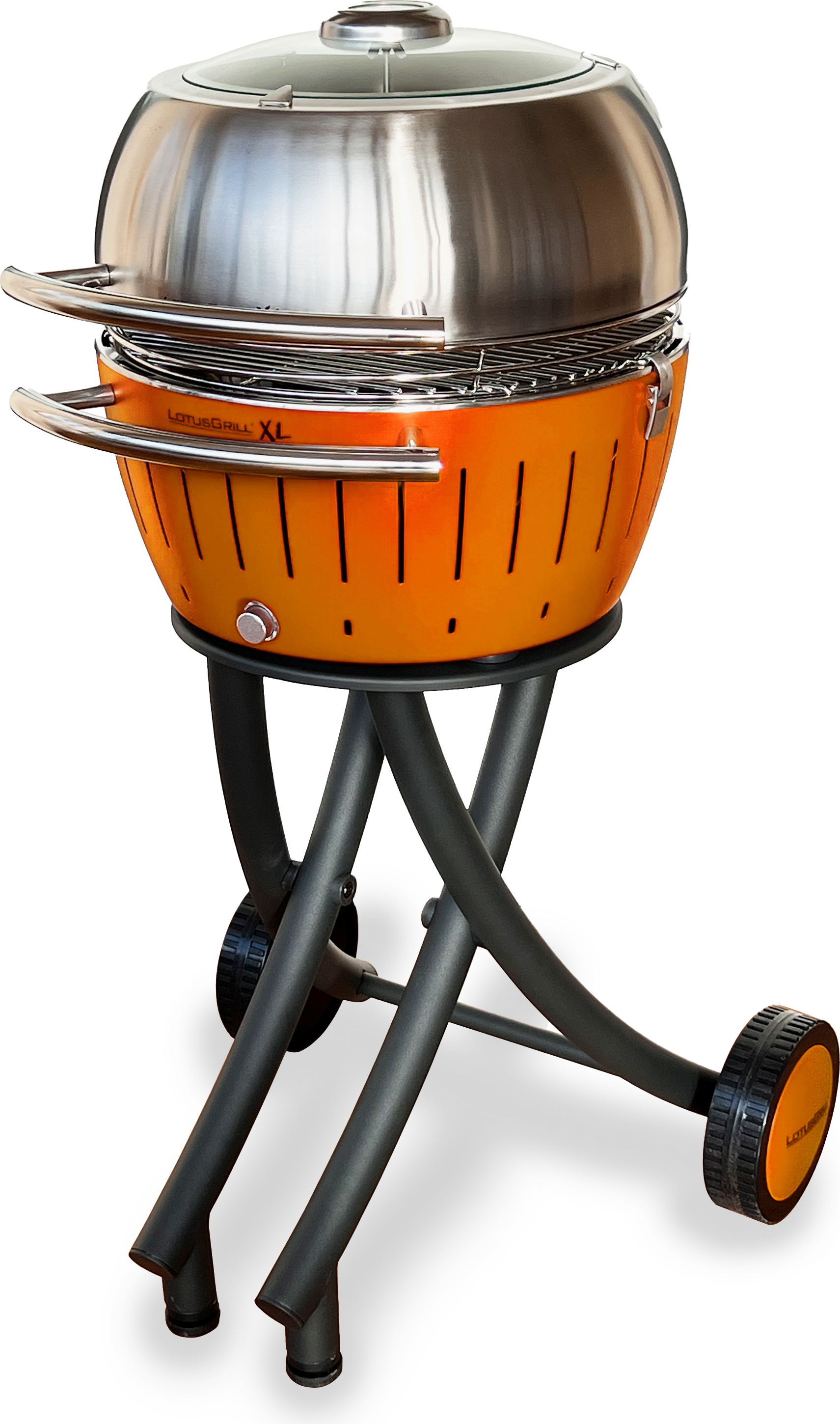 LotusGrill XL Gartengrill Set Mandarinenorange - Grillwagen/- haube XL Edelstahl