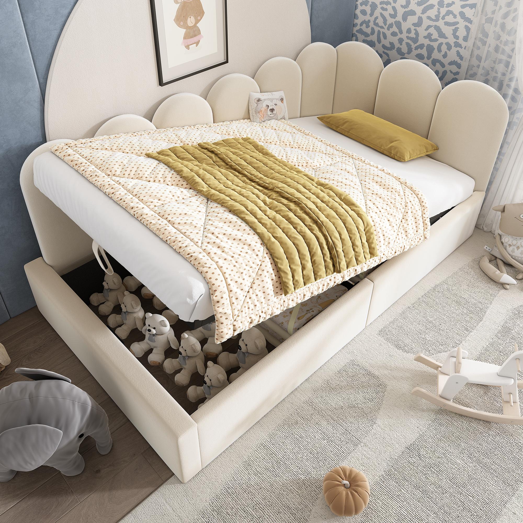 Polsterbett Daybett 90x190 cm,Tagesbett Schlafsofa mit hydraulischem Stauraum, Kinderbett mit Metall-Lattenrost, Samt, Beige, ohne Matratze