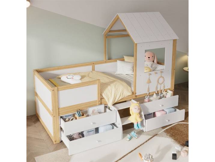 DRIPEX Lit enfant 90x200cm avec 4 tiroirs et petit escalier Lit maison avec toit et fenêtre lit mi-hauteur avec