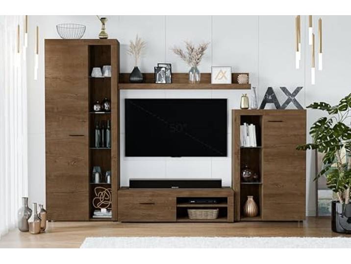 AXLIVING Spacoro Wohnwand Eiche Lefkas Wohnzimmerschrank 270 cm Zwei Vitrinen, Wandregal und TV-Schrank. Laminierte Platten mit Melaminkante und MDF-Leiste. Ohne LED-Beleuchtung.