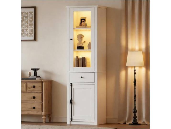 Vitrine autoportante blanche 55x40x200cm 2 portes verre LED avec tiroir poignées métal alliage aluminium rangement exposition