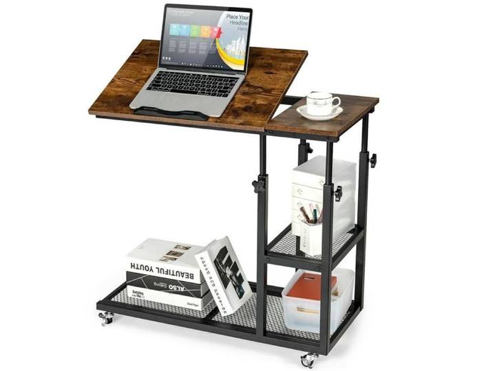 Pour lit et canapé table de lit en C pour ordinateur portable ou collation style industriel marron rustique