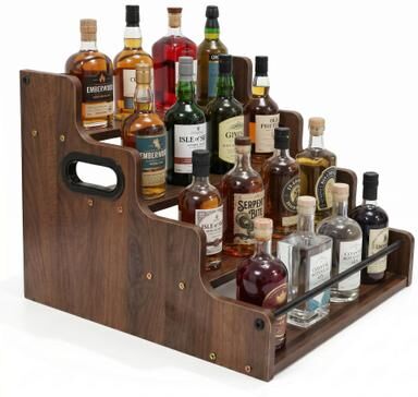 4-Tier Liquor Bottle Display Rack with Safety Rails Wooden Wine Organizer Shelf with Handles for Home Bar & Kitchen Counter