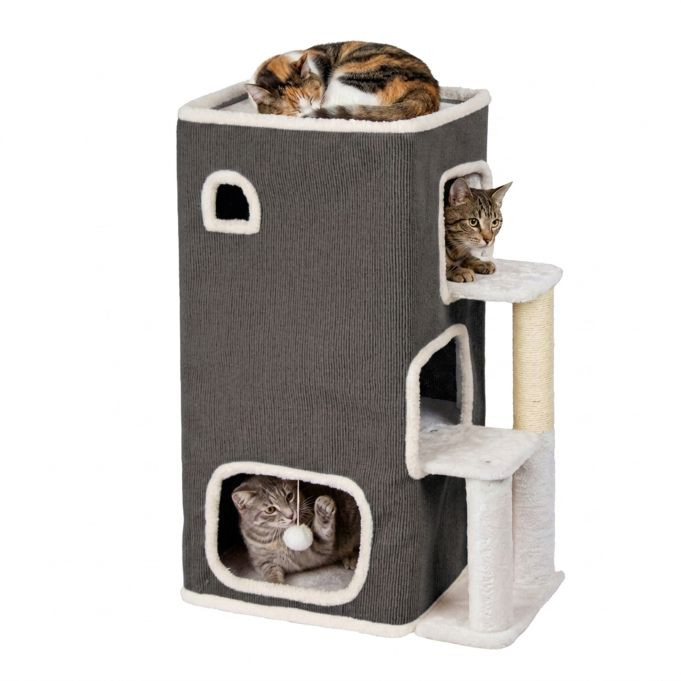 Relaxdays Kattenhuis met 3 verdiepingen, krabpaal en bal, grijs