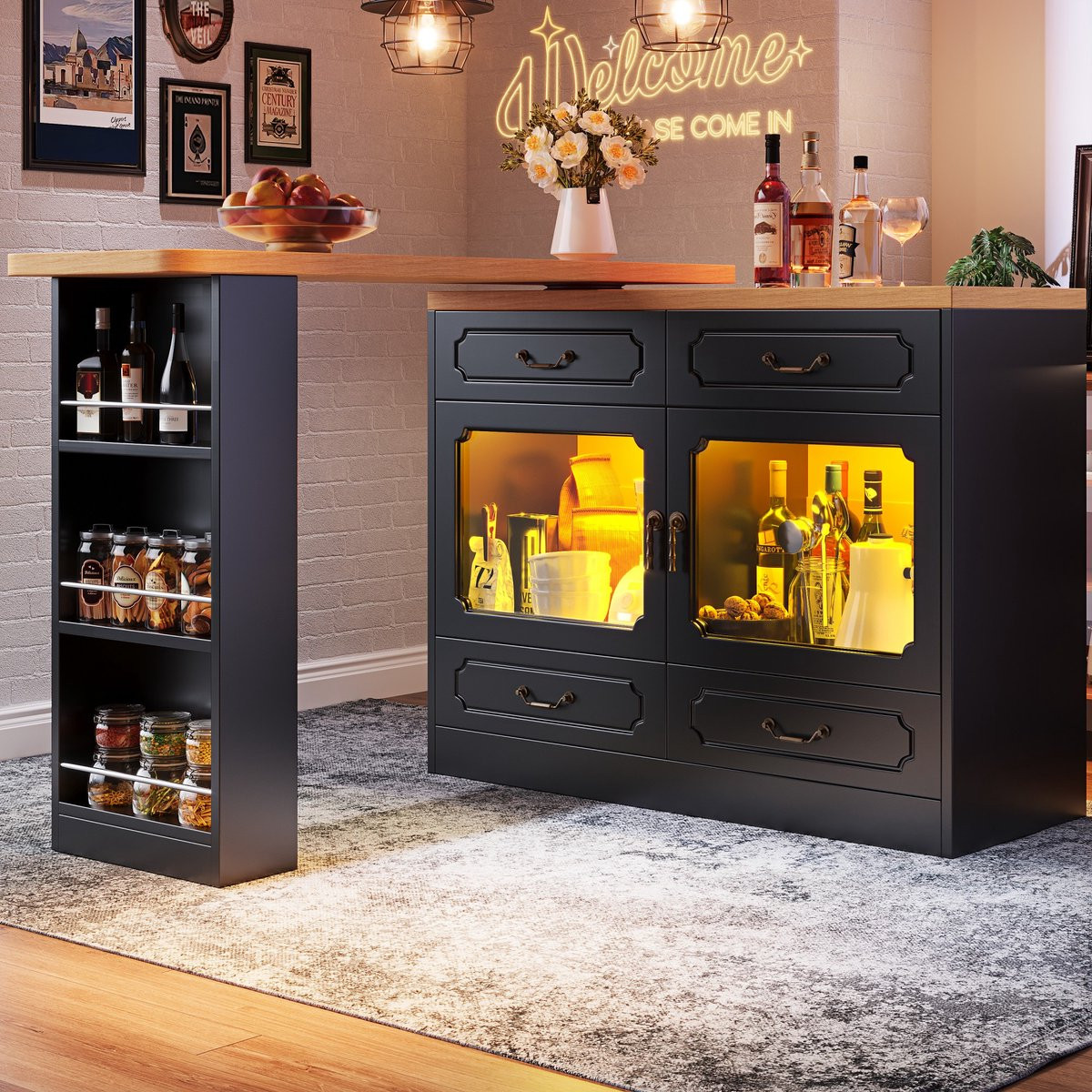 PHOEBE CAT Uitschuifbare bartafel met LED-verlichting, 360 graden draaibaar en 4 lades, Keukeneiland, Zwart