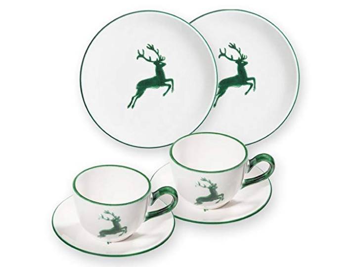 GMUNDNER KERAMIK Breakfast for two Classic Geschirrset grüner Hirsch Geschirr, handgemacht in Österreich
