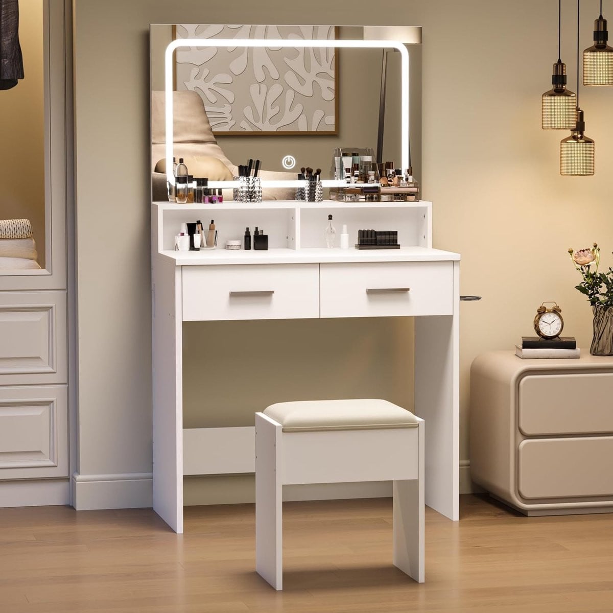 Danky Moderne Kaptafel met LED Spiegel en Krukje in Wit - B/D/H: 80 x 39 x 136 cm