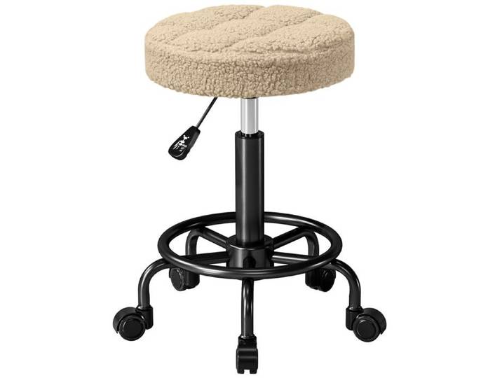 Tabouret à roulettes - Siège rond pivotant - Hauteur réglable de 50 à 66 cm - Tissu bouclette - Marron - 50 x 50 x 66 cm - EUJIGSHOP