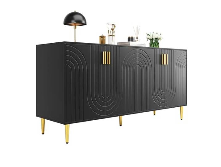Sideboard 152x40x75 cm – Wellen-Design, 4 Türen, 2 Schubladen, Stauraum, Goldene Griffe & Füße, Modern, Luxuriöser Schrank für Esszimmer & Wohnzimmer, Hochwertiges MDF, Stabil und Langlebig (Schwarz)