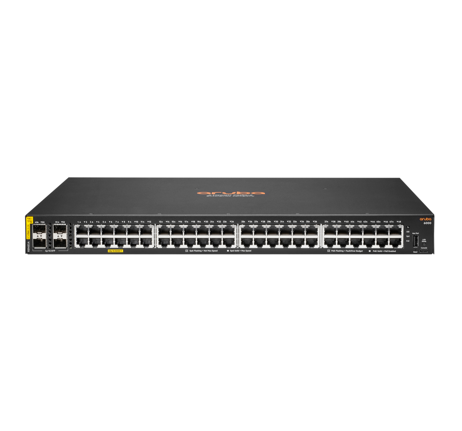 Hewlett Packard Enterprise Aruba 6000 48G Class4 PoE 4SFP 370W Managed L3 Gigabit Ethernet (10/100/1000) Ethernet-Anschluss, unterstützt die Stromversorgung über diesen Anschluss (PoE) 1U