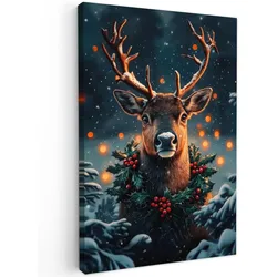 LEINWANDBILD Hirsch - Weihnachten - Winter - Schnee - Weihnachtskranz Wanddeko 40x60 cm